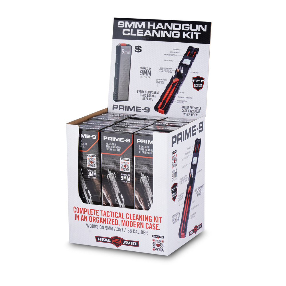 Real Avid - 12 Handgun Cleaning Sets with Prime-9 with Display Stand - .357/.38/9 mm - AVGCK9MM-12D