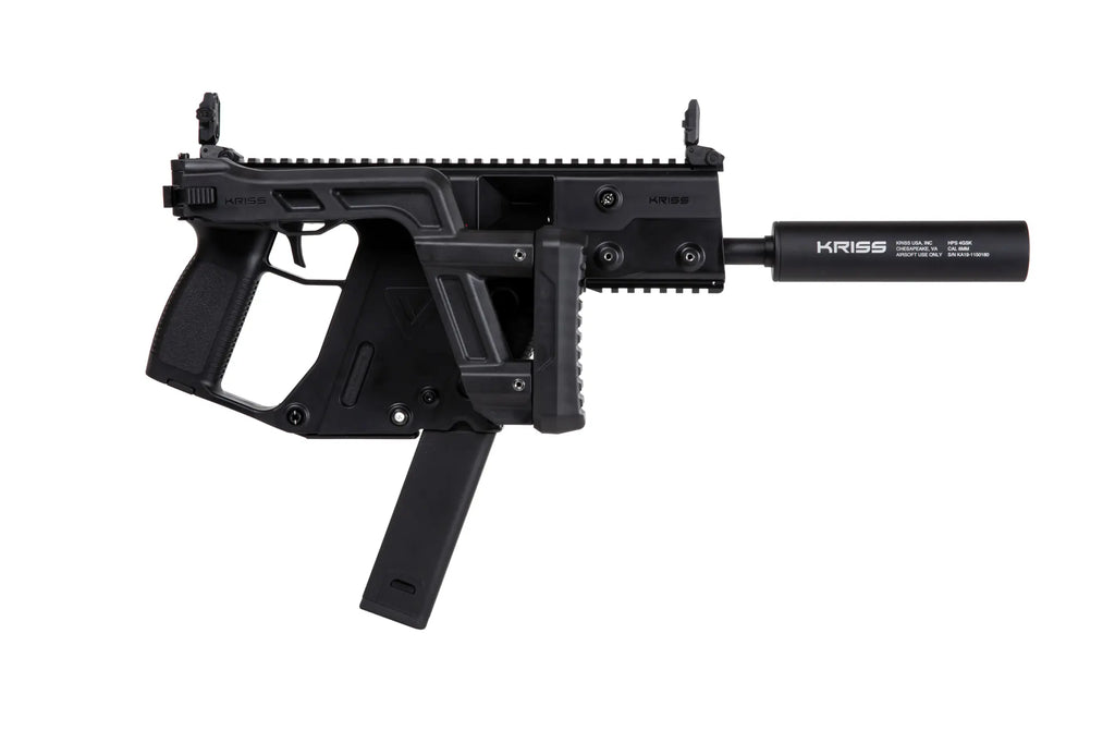 The Krytac Kriss Vector Submachine Airsoft Gun with Mock Suppressor in Black
