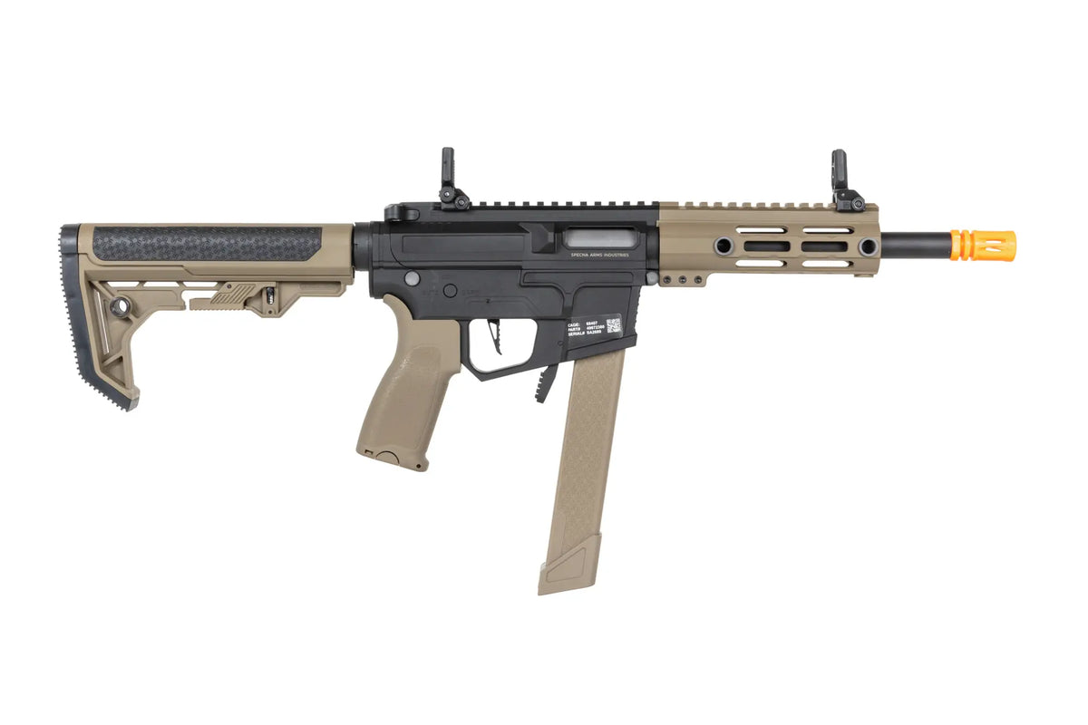 airsoft Specna Arms SA-FX01 FLEX™ HAL ETU Half-Tan submachine gun with orange discharge device