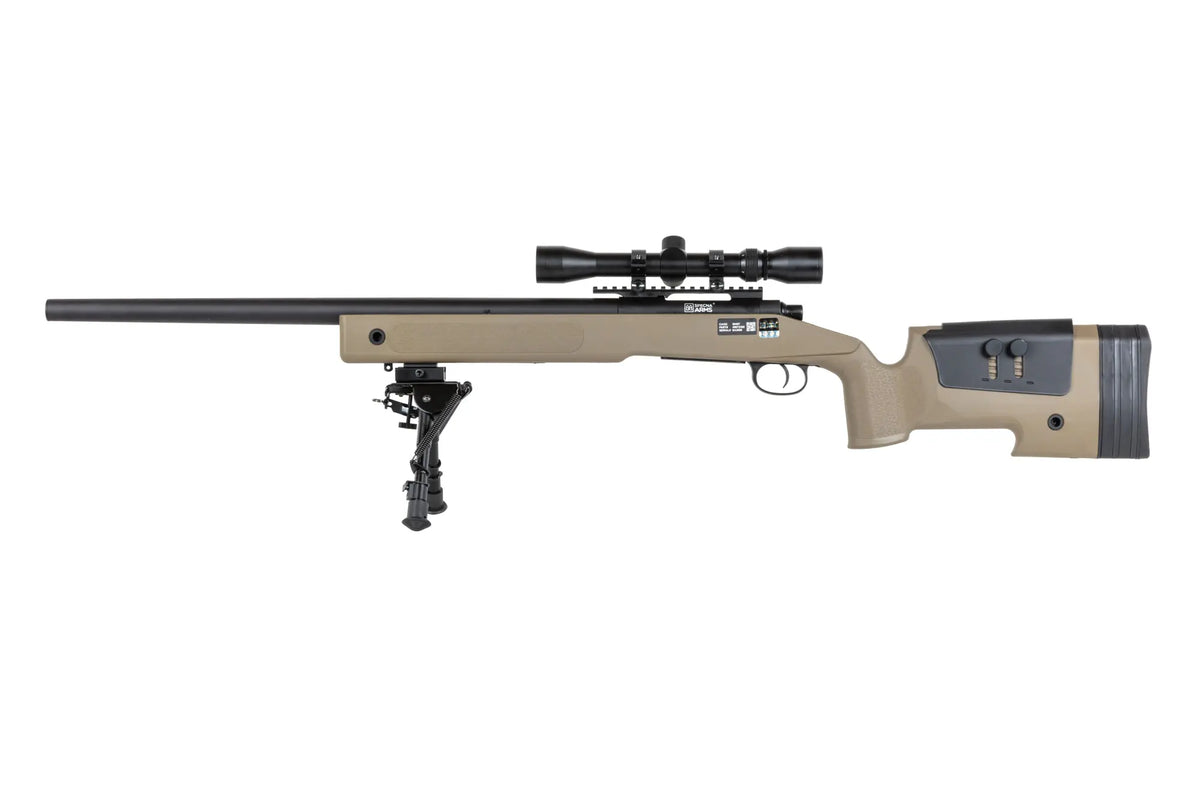 Specna Arms SA-S02 CORE™ High Velocity airsoft Selector Rifle with scope and bipod Upgraded Tan
