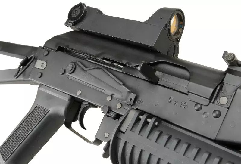 PP-19 Bizon-2 sub-machinegun replica with sound suppressor and red-dot sight