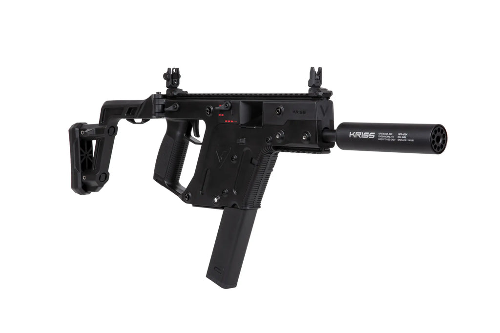 The Krytac Kriss Vector Submachine Airsoft Gun with Mock Suppressor in Black