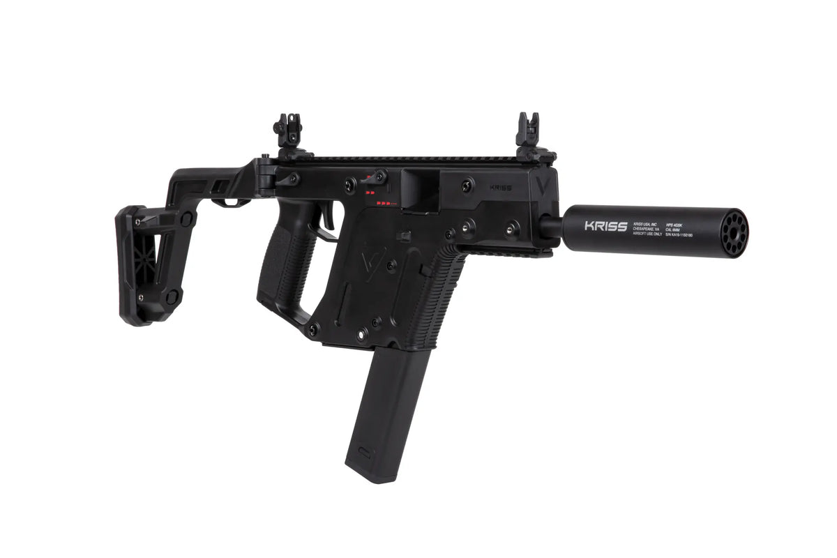 The Krytac Kriss Vector Submachine Airsoft Gun with Mock Suppressor in Black